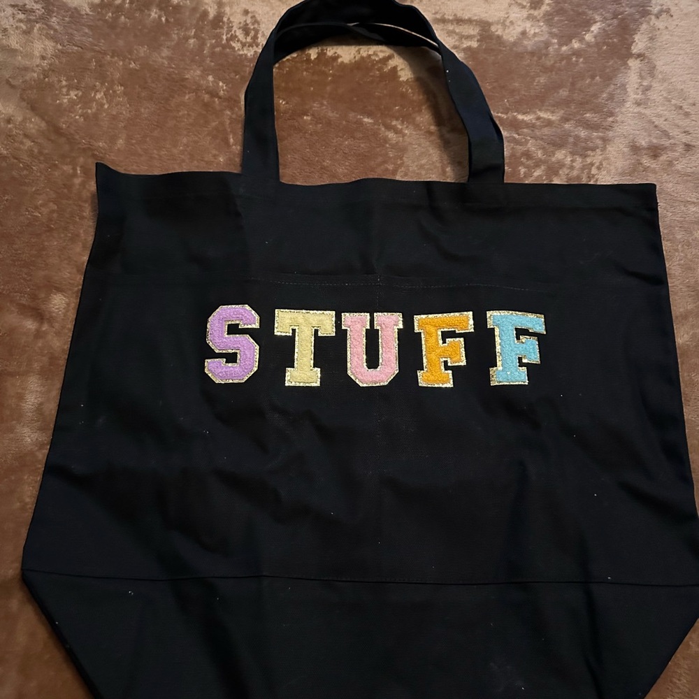 Black Tote Bag with Colorful 'STUFF' Embroidery